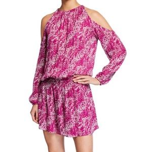 New Ramy Brook Silk Cold Shoulder Mini Dress Fusco Magenta print medium nwt